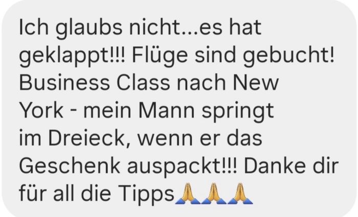 Kundennachricht über einen gebuchten Business Class Flug nach New York