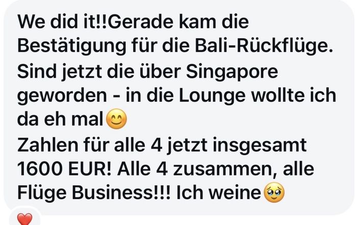 Kundennachricht über Bali Rückflüge über Singapur, alle vier in der Business Class für insgesamt 1600 EUR