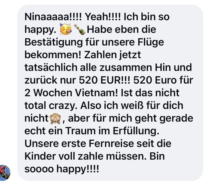 Kundennachricht über Flüge nach Vietnam für alle zusammen hin und zurück für nur 520 EUR
