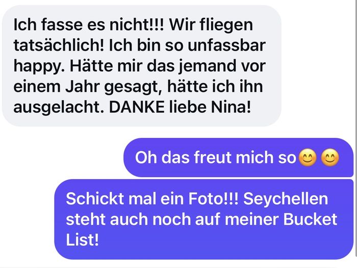Kundennachricht, wir fliegen tatsächlich, danke liebe Nina